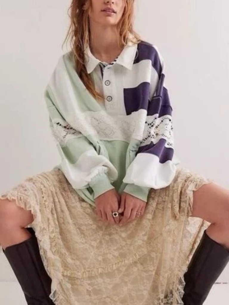 Free People We The Free American Dream Polo Lace Oversized Pullover Top L